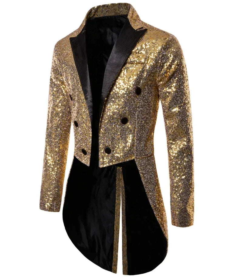 Shiny Gold Sequins Glitter Tailcoat Suit Jacket Male Double Breasted Wedding Groom Tuxedo Blazer Men Party Stage Prom Costume