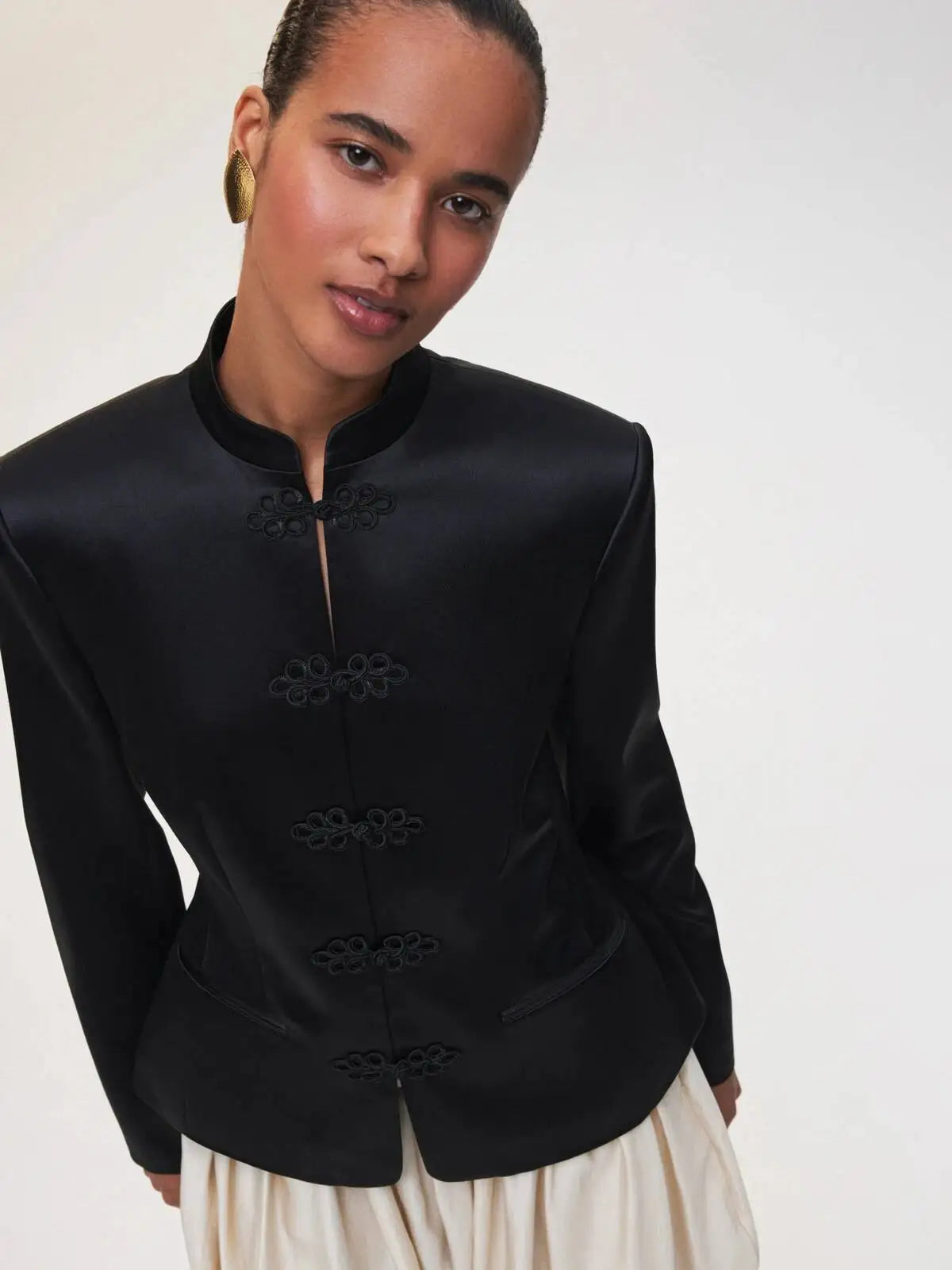 Women's Spring Summer Mandarin Collar Frog Button Cropped Chinese Style Blazer Casual 2026 Trendy Feminine Fashion Coat