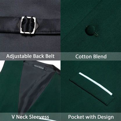 Designer Men's Vest Dark Green Solid Silk Satin Waistcoat Tie Bowtie Hanky Wedding Formal Male Suit Sleeveless Jacket Barry Wang