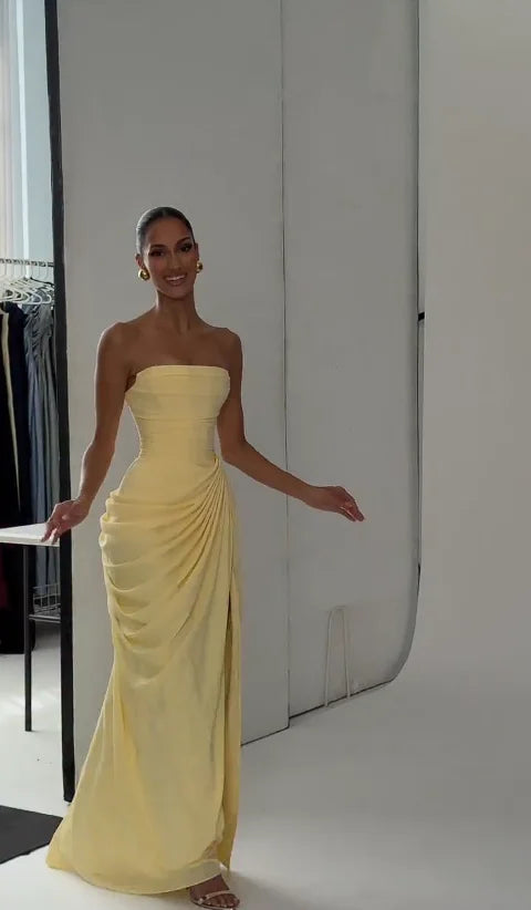 Lady Sexy Strapless Split Solid Pleated Dress Women Chic Backless High Waist Off-shoulder Dresses 2026 New Evening Party Gowns