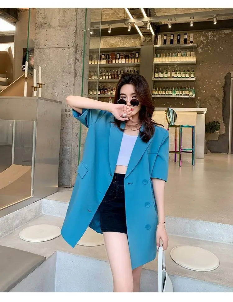 Korean Fashion Loose Thin Blazer Women Spring Autumn New Extra Large Mid Length Short Sleeved Women Coat Casual Outwear