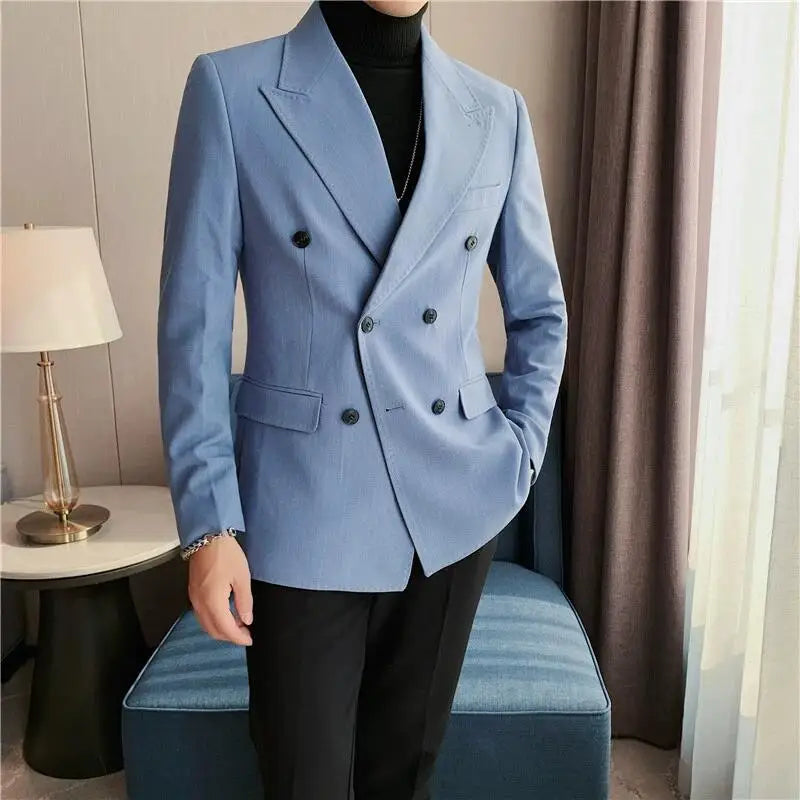 Classic Luxury Striped Men Suit Jacket Fashion Double Breasted Business Office Wedding Tuxedos Male High Quality Slim Fit Blazer