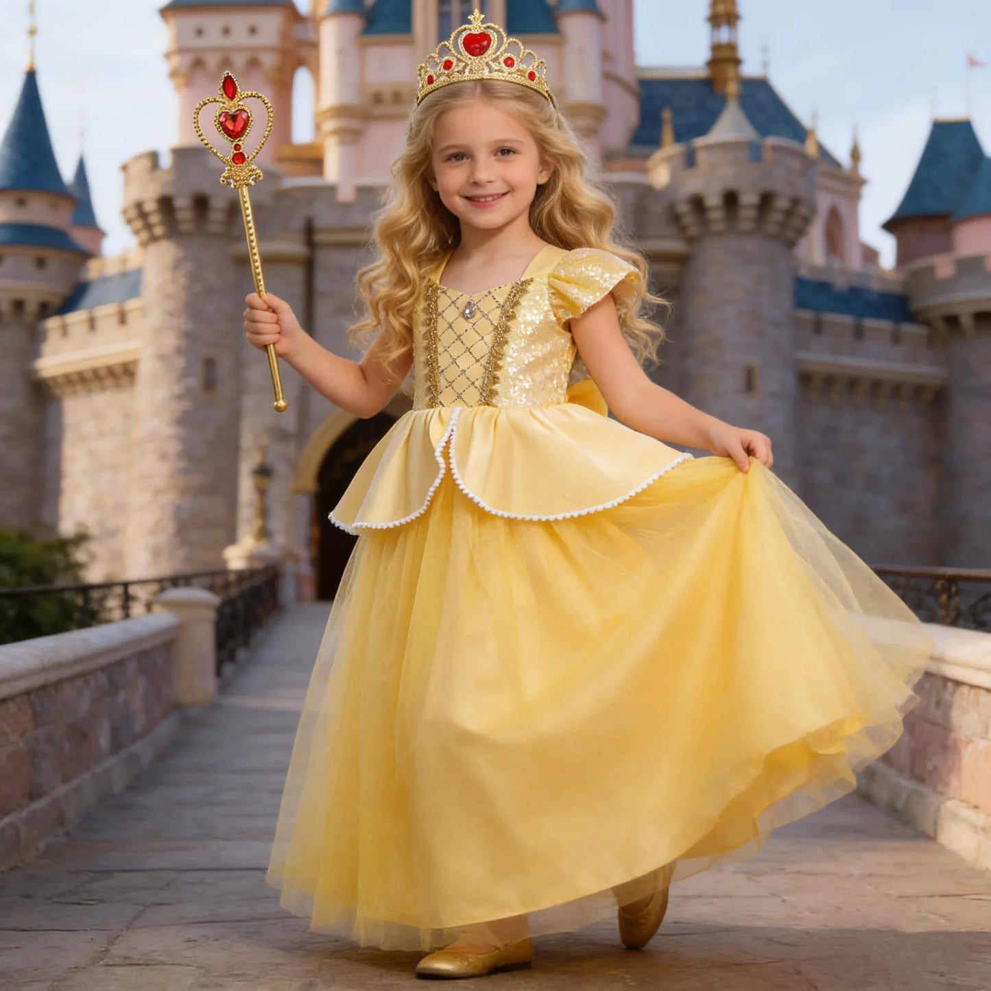 Kids Belle Elegant Costume Girls Halloween Princess Cosplay Party Mesh Dress Children Birthday Clothes Carnival Luxury Ball Gown