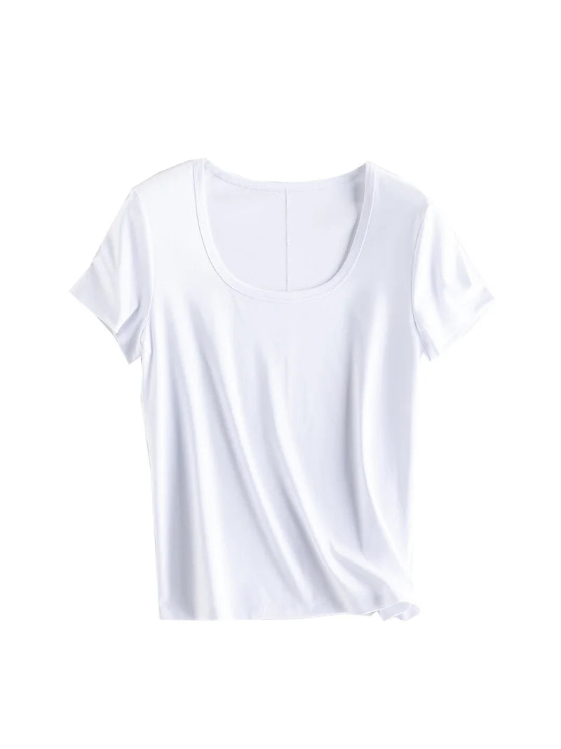 Women Solid T Shirt, Silk Cotton Blend, Square Collar, Short Sleeves Chic Shirt 2025 Spring Summer Cozy Top