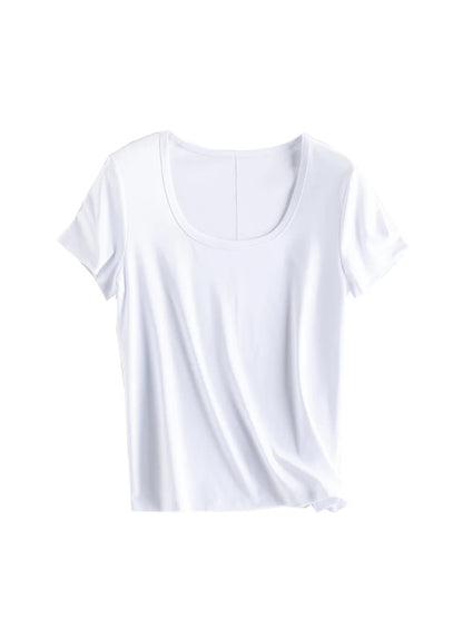 Women Solid T Shirt, Silk Cotton Blend, Square Collar, Short Sleeves Chic Shirt 2025 Spring Summer Cozy Top
