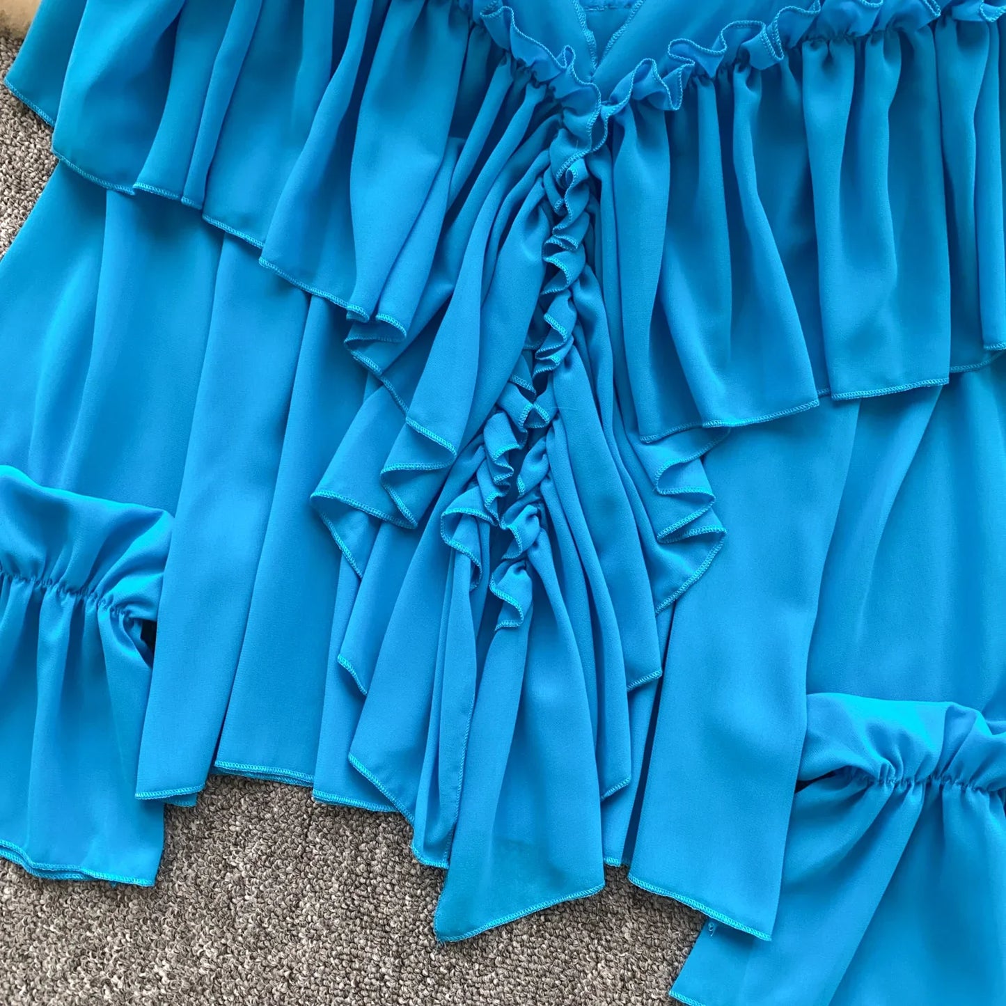 Chic Ruffles Splice Chiffon Blouse V Neck Flared Sleeve Loose Tops 2025 Fashion Solid Fairycore Vacation Women Shirt