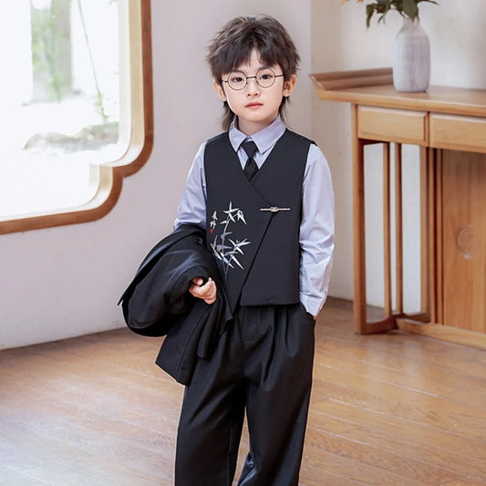 High Quality Embroidery Suit Set 4 Pieces For Kids Piano Performance,Handsome Double Breasted Boys Suits Photography Wear