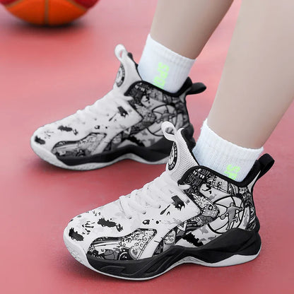 Original Children's Basketball Shoes Fashion Print Purple Basketball Sneakers Kids Training Shoes High Top Sports Shoes For Boys