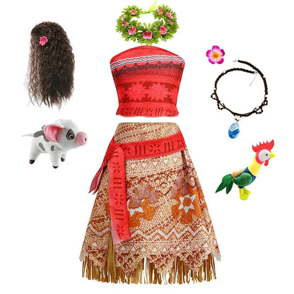 Moana Dress for Kids Girls Princess Vaiana Cosplay Carnival Children Birthday Party Headwear Necklace Pet Pig Chicken Set