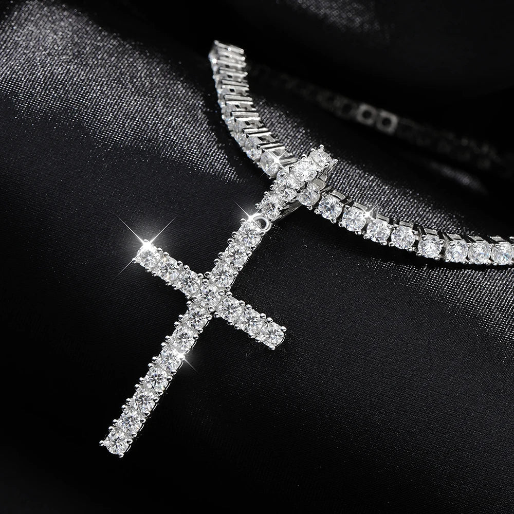Full Moissanite Tennis Necklace with Pendant 925 Sterling Sliver Plated 18k Chain for Man Sparkling HipHop Party Jewely