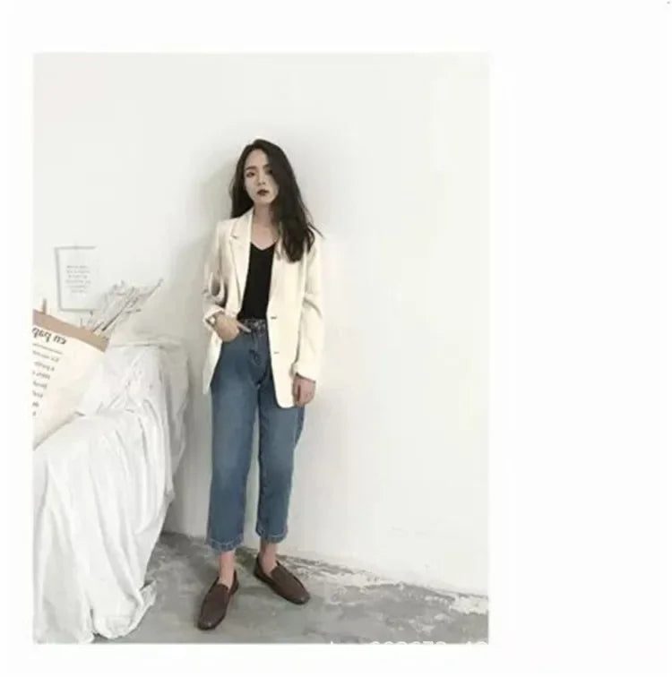 Elegant Casual Loose Long Sleeve Women's Small Suit Jacket Korean Style Spring Autumn Chic Polyester Fiber Button Decoration