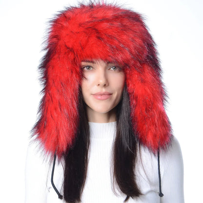 Plush Raccoon Fur Hat Women Thicken Faux Fur Earflap Hat Winter Warm Russian Ushanka Hats Windproof Furry Bomber Cap