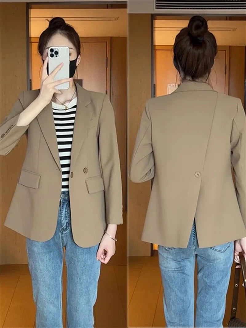 Suit Jacket Spring 2025 New Women Blazers Casual Notched Female Chic Coat Slim One Button Temperament Suit Coats Khaki Outwear