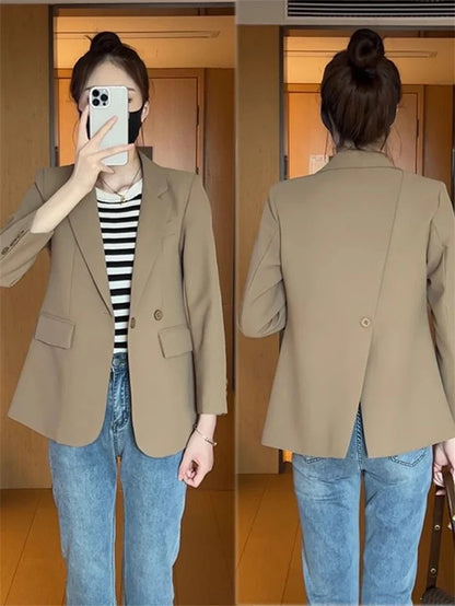 Suit Jacket Spring 2025 New Women Blazers Casual Notched Female Chic Coat Slim One Button Temperament Suit Coats Khaki Outwear