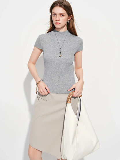 2026 Spring Women's Semi-High Neck Solid Wool Knit Sweater - Slim Fit Short Sleeve Simple Top for Casual Office Wear