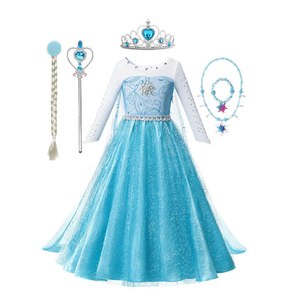Snow Queen Elsa Long Sleeve Costume Girls Princess Dress Toddler Halloween Cosplay Clothes Birthday Party Vesidos For 2-10 Years
