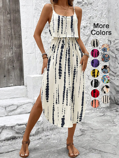 Women's Summer Spaghetti Strap Dress with Belt & Side Slit - Casual Sleeveless Flowy Dress