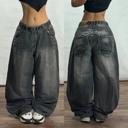 American New Fashion Oversize Pattern Embroidered Baggy Jeans Men Y2K Gothic Harajuku Hip Hop Straight High Waist Wide Leg Pants