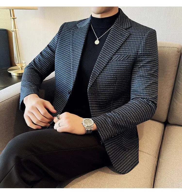 Men's Elegant Grid Suit Jacket 2026 Spring New Fashion Slim Blazer Jackets Social Prom Dress Jacket Men's High Quality Clothing