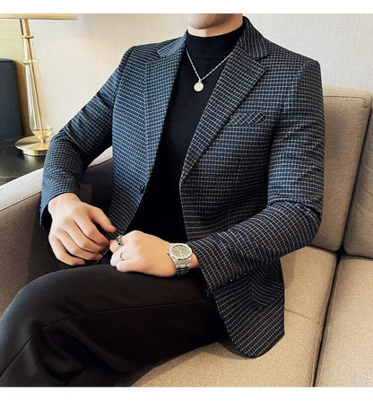 Men's Elegant Grid Suit Jacket 2026 Spring New Fashion Slim Blazer Jackets Social Prom Dress Jacket Men's High Quality Clothing
