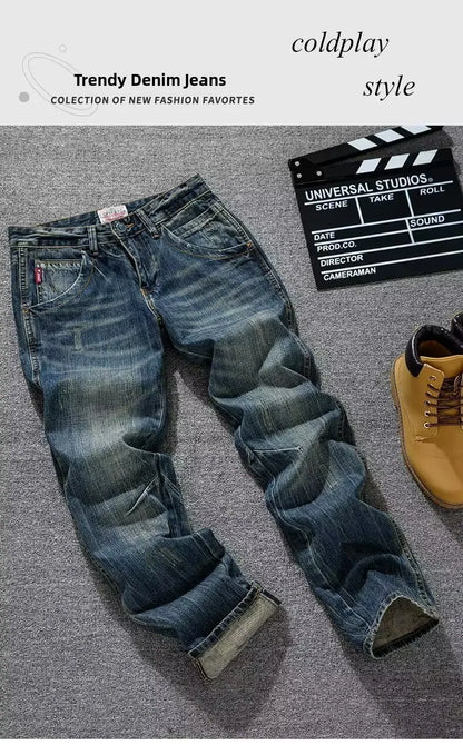 Spring Autumn Trendy Vintage Washed Jeans Men's Loose Straight Leg Fashionable Youth Casual Cotton Denim Anti-Bacterial