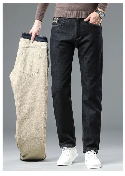 Winter Warm Fleece Jeans Men 2023 Straight Stretch Thick Casual Thermal Denim Pants Male Business Work Trousers New Men Clothing
