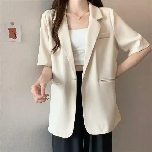 Loose Casual Thin Short Sleeve Women's Suit Jacket Summer New Style Korean Version Fashionable All-Match Lightweight Polyeste...