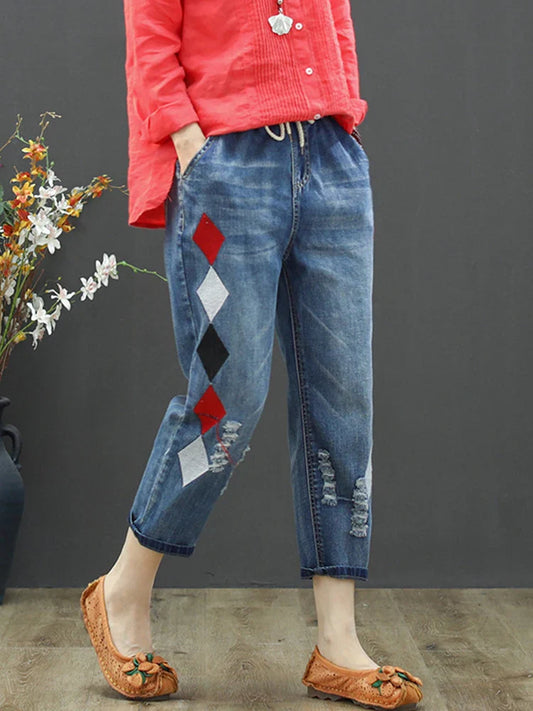 Summer Females Luxury Embroidery Jeans Womens Fashion Vintage Ripped Denim Trousers Loose Holes Elastic Harem Pants