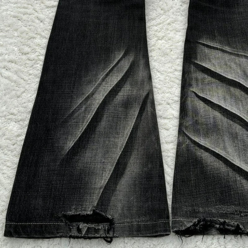 Y2K Distressed Flare Jeans Gothic Men Double Waist Lace Up Denim Pants Retro Washed Scratches Streetwear Unisex Bootcut Jeans