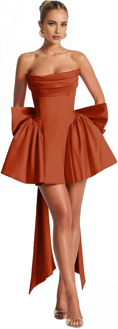 2025 Satin Strapless Back To School Dress with A Large Bow At The Back, Mini Skirt for Teenagers Cocktail Dress Short DanceDress