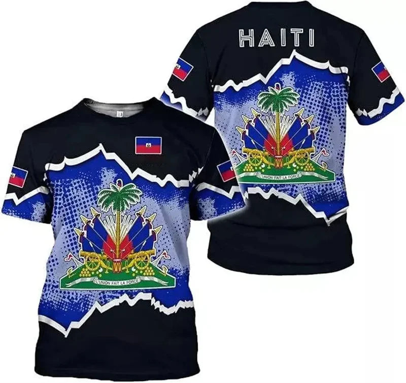 Haitian Flag Pattern Men's T-shirt 3D Printed Haiti National Emblem Short Sleeves Fashion Tops T Shirts National Day Tee Shirt