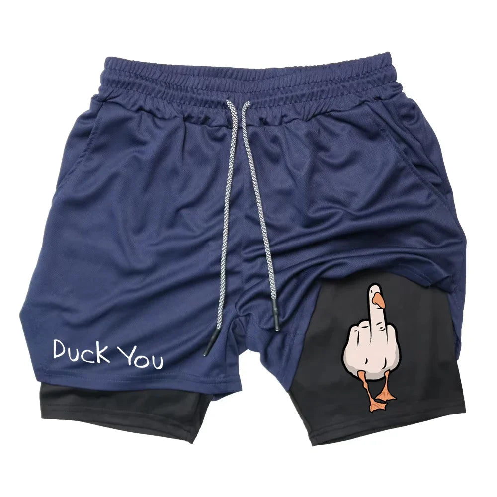 Cartoon Duck Print Men's Shorts Summer Double Layer Letter Print  Quick Drying Pants Fitness Tracksuit Beach Short Pants