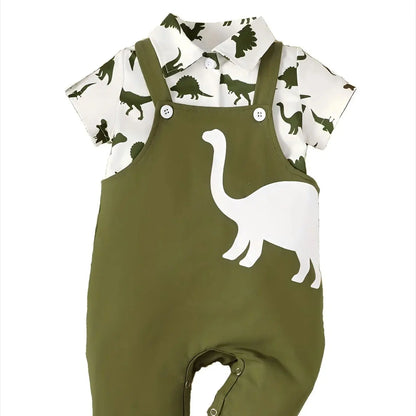 Spring and Summer Dinosaur Short Sleeve Shirt with Overalls 2-Piece Set