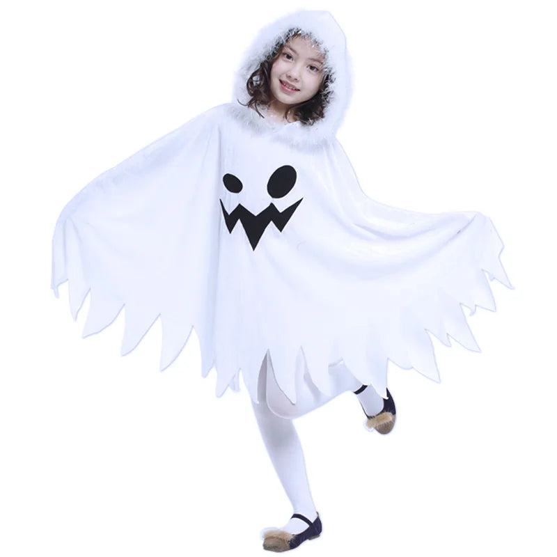 Child Boy Girl Cute White Ghost Demon Glow In The Dark Cape Cosplay Costume Kids Fancy Dress Performance Halloween Theme Party
