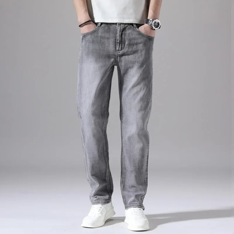 2026 Cotton Stretch Jeans Business Casual Men's Thin Denim Jeans Grey Spring Summer Brand New Fit Straight Lightweight
