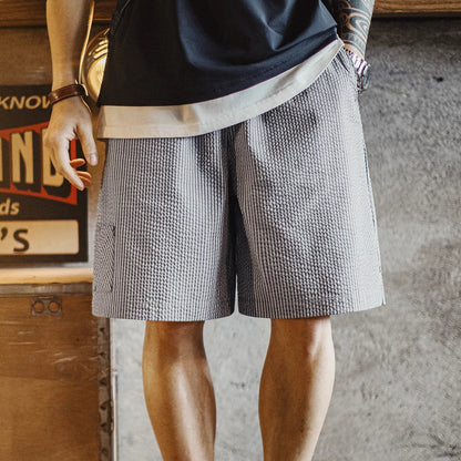 Casual Seersucker Checked Shorts Men's Summer Breathable Office Shorts Elastic Waist Pants Straight Leg Comfortable Bottom