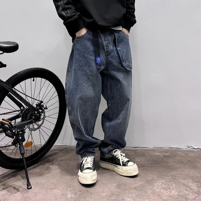 Spring Korean Vintage Men'S Jeans Three-Dimensional Large Pockets And Diagonal Zipper Design Wide Leg Casual Straight Leg Pants
