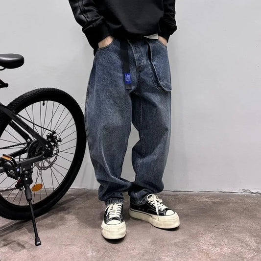 Spring Korean Vintage Men'S Jeans Three-Dimensional Large Pockets And Diagonal Zipper Design Wide Leg Casual Straight Leg Pants