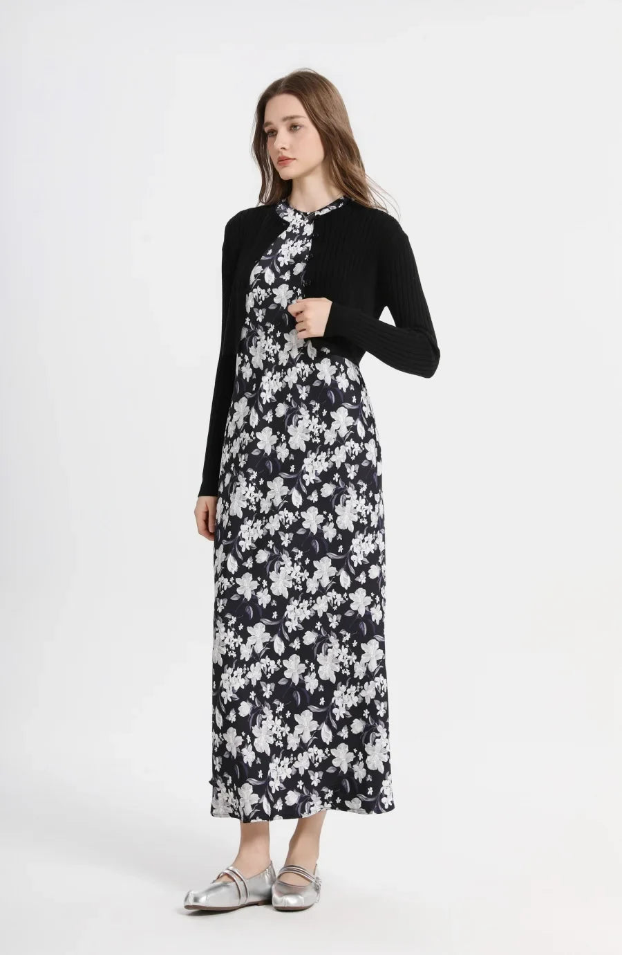 AS 2025 spring summer elegance satin dress + knitted top match set maxi floor length woman clothes
