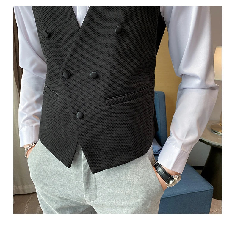 2025 New Fashion Men's Double Breasted Gentleman Dress Casual Vest Fashion Nightclub Bartender Work Clothes V Neck Vest Jacket