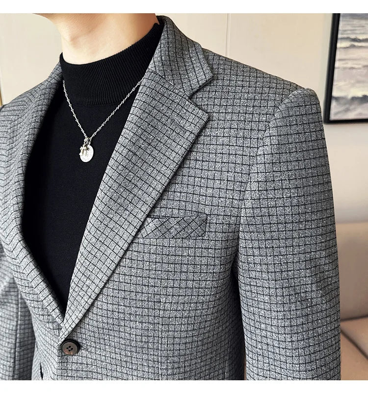 British Style Plaid Suit Jacket For Men 2025 New Business Casual Slim Blazer Formal Wedding Party Suit Dress Coats Men Clothing