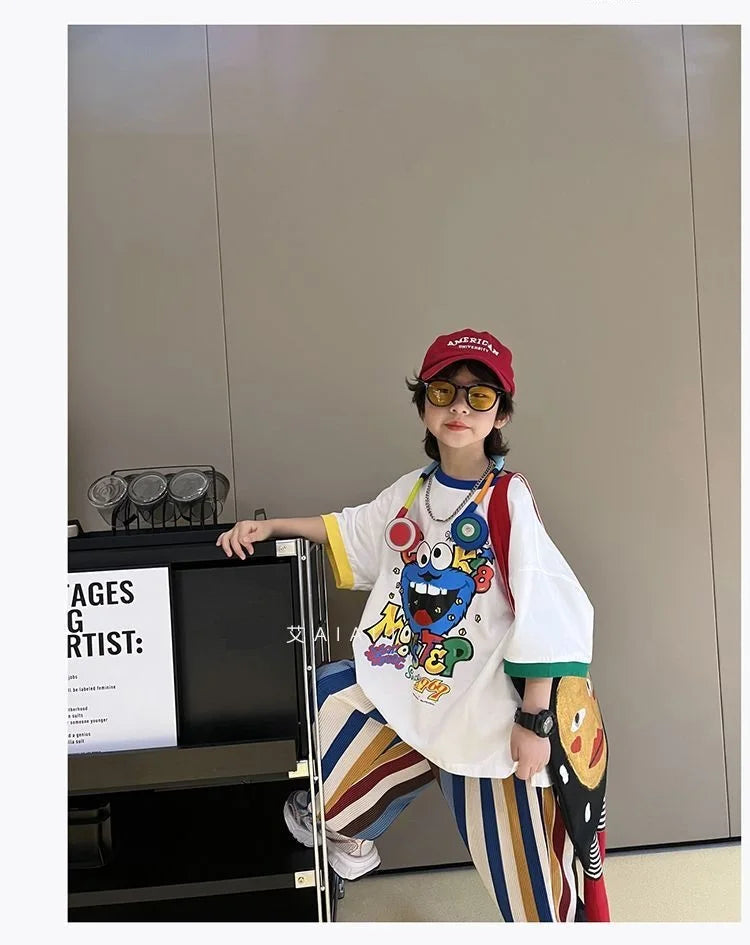 Summer Boys Cotton Contrast Cartoon T-Shirt Tops+Loose Colored Stripes Pant Set School Kids Tracksuit Child 2PCS Outfit 5-16 Yrs