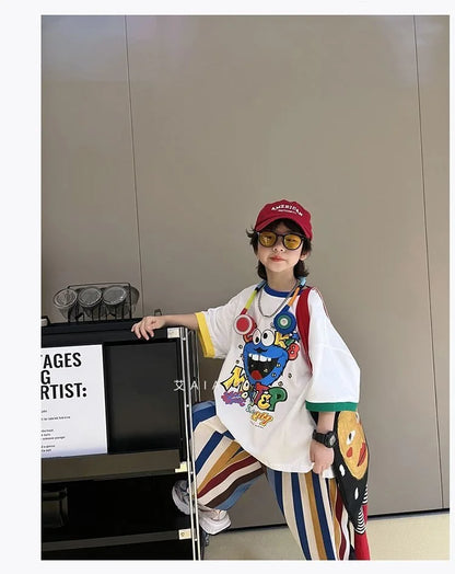 Summer Boys Cotton Contrast Cartoon T-Shirt Tops+Loose Colored Stripes Pant Set School Kids Tracksuit Child 2PCS Outfit 5-16 Yrs