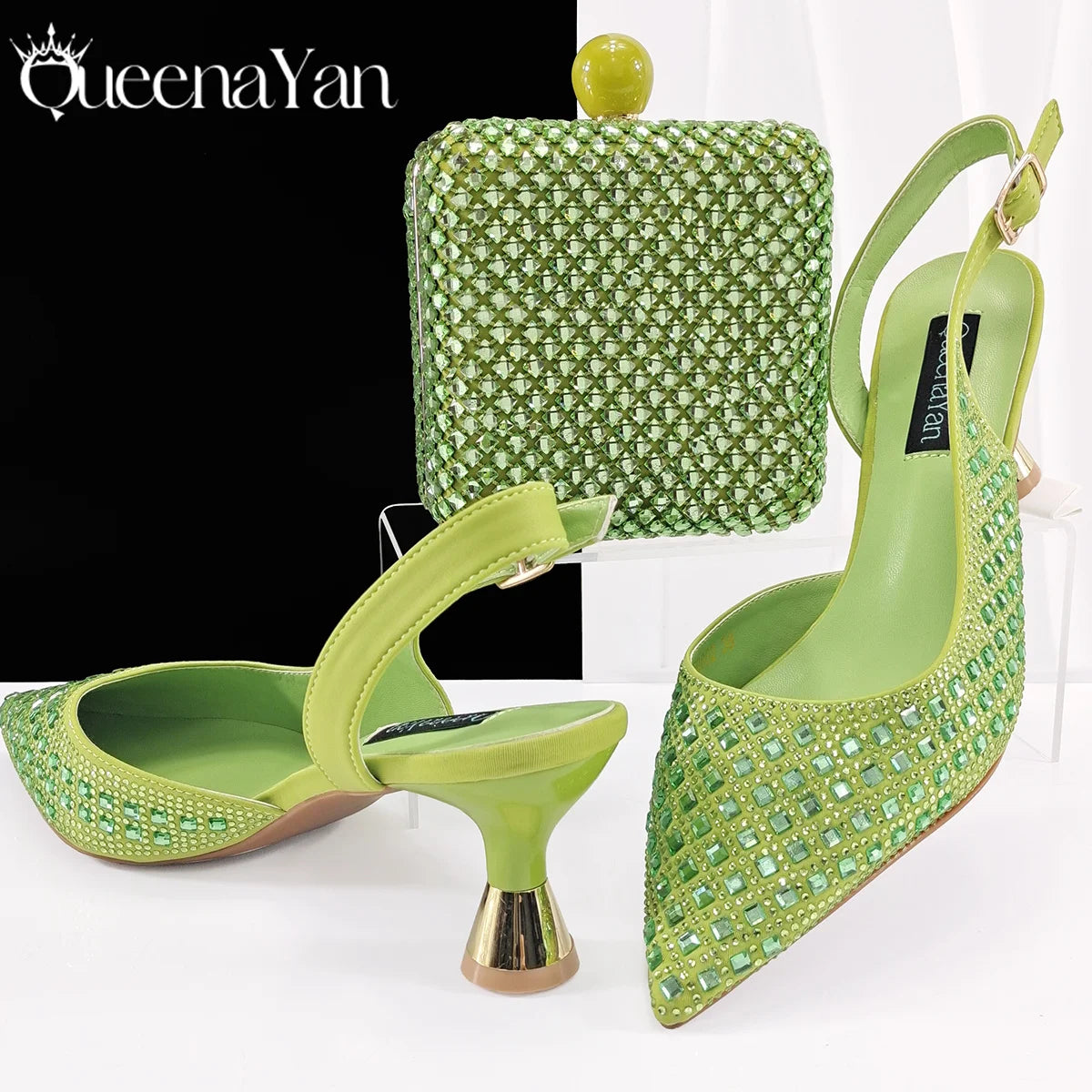 Coffee Color Elegant Lady Shoes And Bag Set with Full Rhinestone Embellished Pearls-knot And Comfortable Heel