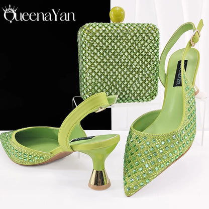 Italian Design Rhinestone Luxury Green Colour Pointed Toe Shoe & Bag Set Women's High Heels for Parties High Quality