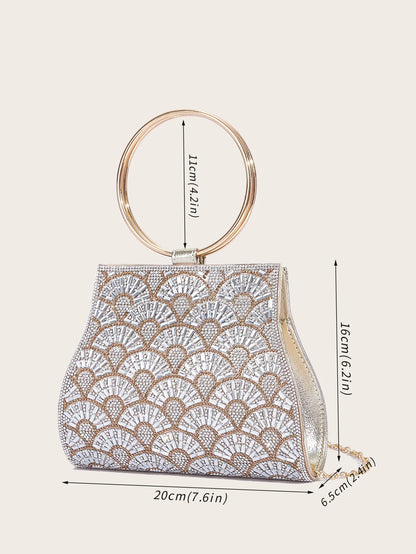 Banquet Bag Wedding Fashion Handbag Silver Artificial Leather Handmade Diamond Chain Bag for Women