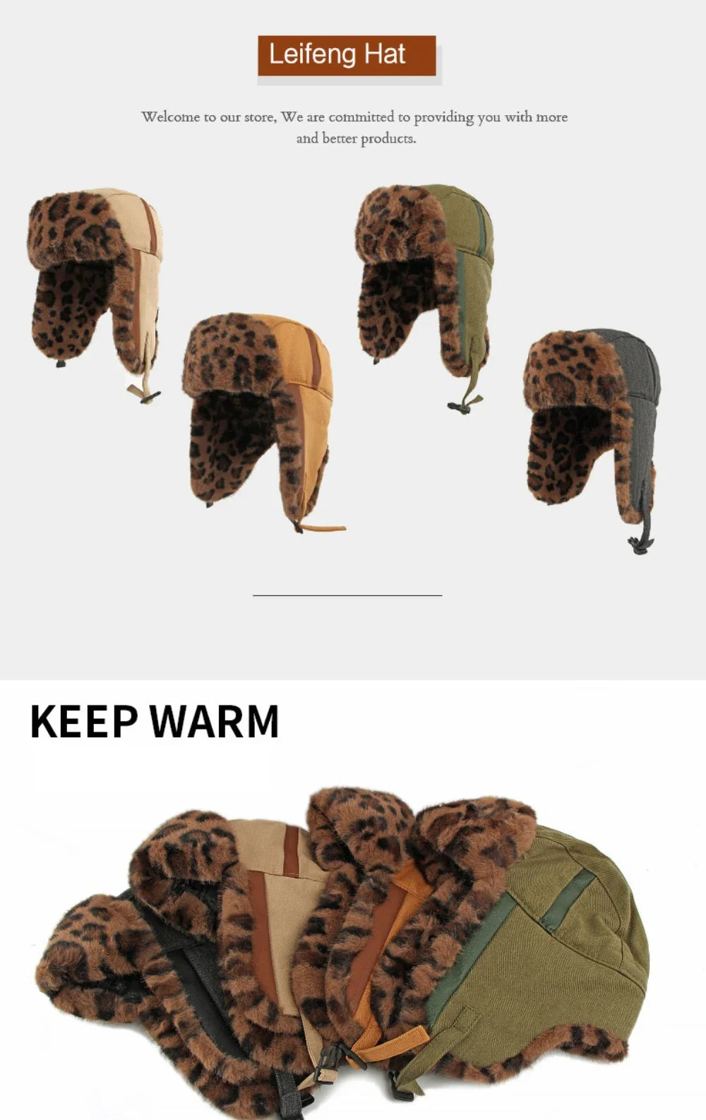 Bomber Hat Men Women Thick Warm Winter Hat Leopard Fur Earflap Cap Male Female Russian Hat Windproof Snow Ski Trapper Cap