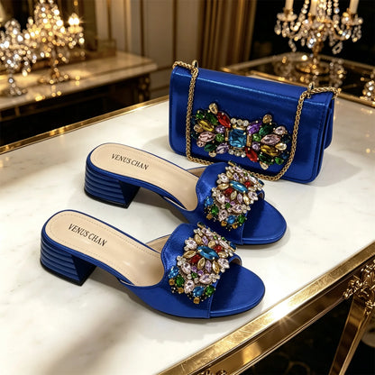 2026 Silver Rhinestone Mules Matching Bag Set Women Peep Toe Block Heel Sandals Wedding Evening Crossbody Handbag