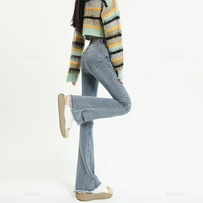 Spring Summer Flared Jeans Women Cotton Vintage Blue Denim Pants Streetwear Elastic High Waist Slim Harajuku Trouser Plus Length