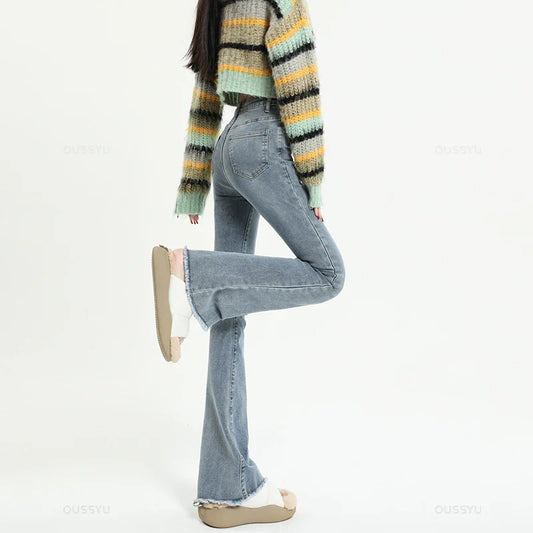 Spring Summer Flared Jeans Women Cotton Vintage Blue Denim Pants Streetwear Elastic High Waist Slim Harajuku Trouser Plus Length